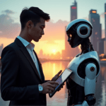 "A young professional stands confidently in front of a futuristic cityscape at sunset, holding a tablet displaying an AI automation dashboard and standing beside a humanoid robot."