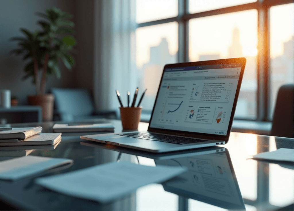 "A sleek silver laptop on a minimalist glass desk in a modern office, displaying sentiment analysis data with AI automation skills evident."