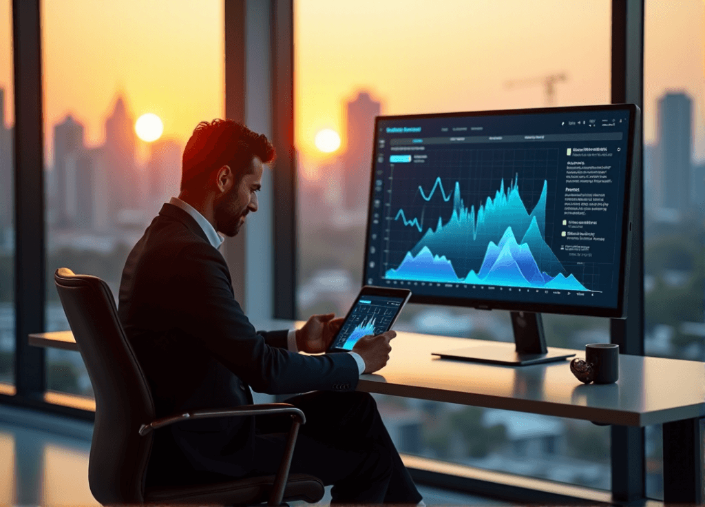 "A business executive studies AI-driven predictive analytics on a tablet at a modern desk with cityscape views, hands gesturing towards data insights."