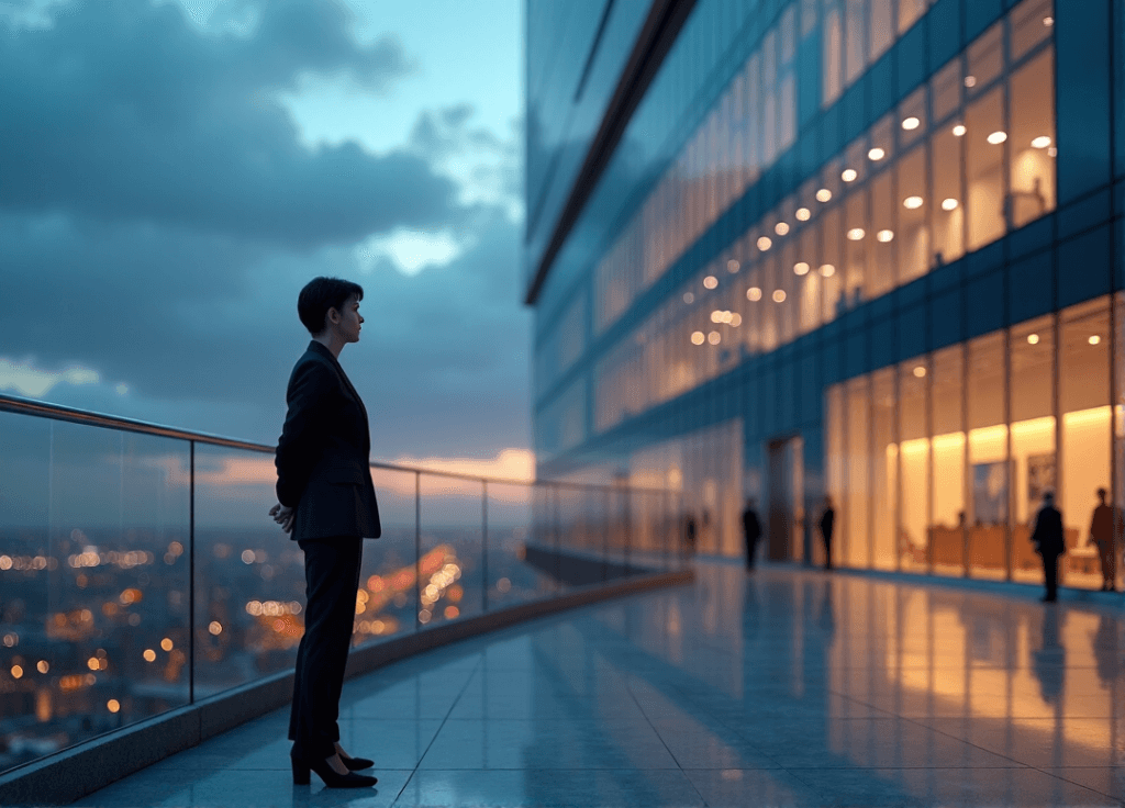 "A confident corporate executive stands in front of a sleek skyscraper at dusk, embodying determination and forward-thinking as she masters AI automation skills."