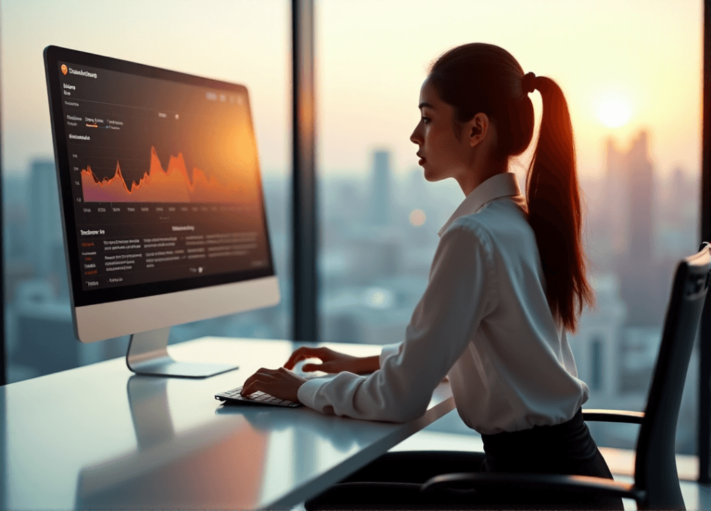 "A young businesswoman sits confidently at a modern desk, gazing at a data visualization graph on her large screen, exuding determination as she leverages AI automation skills in a minimalist office with a cityscape view."