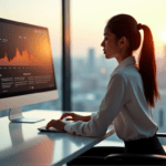 "A young businesswoman sits confidently at a modern desk, gazing at a data visualization graph on her large screen, exuding determination as she leverages AI automation skills in a minimalist office with a cityscape view."