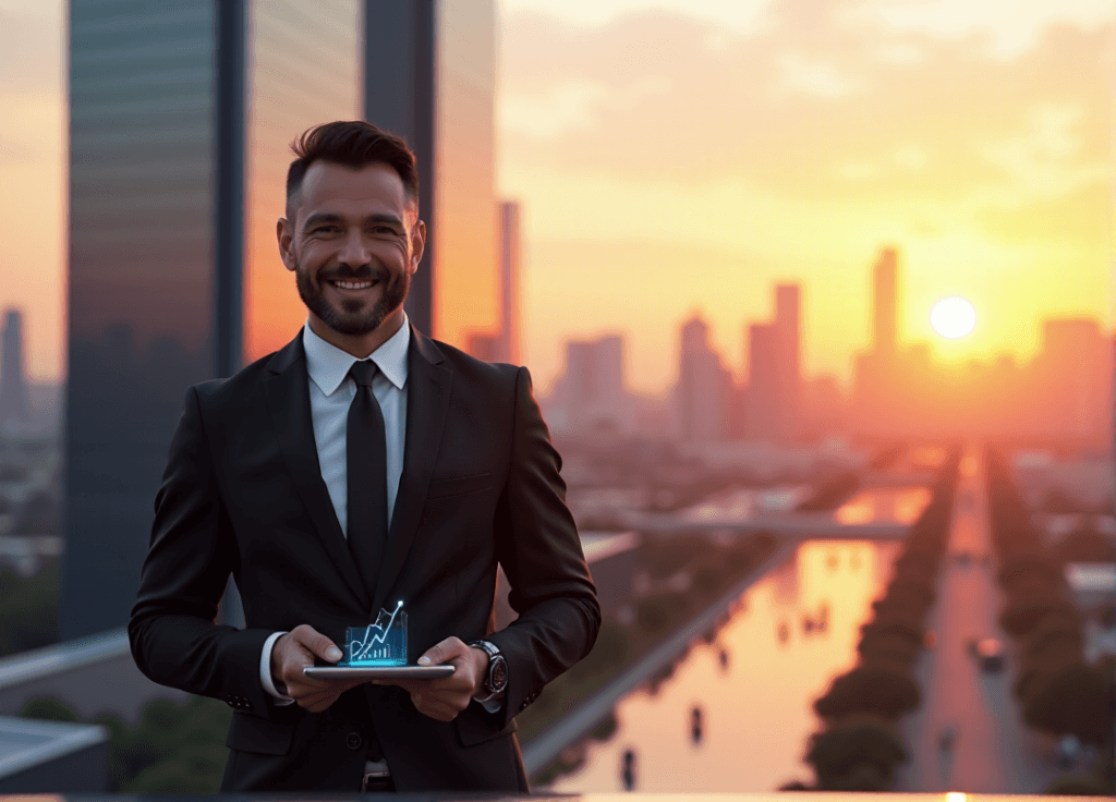 "A confident business executive stands in front of a sleek skyscraper at sunset, with a tablet displaying a thriving AI-driven business graph."