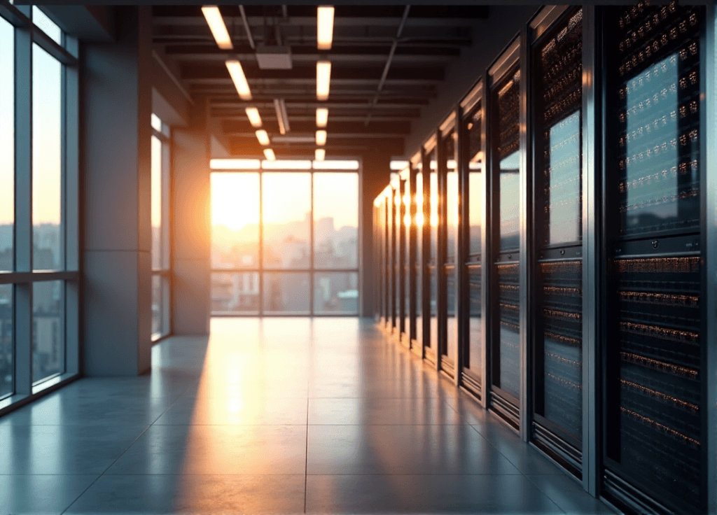 "A sleek data center in a modern office space, featuring rows of humming servers and AI-powered analytics equipment, showcasing cutting-edge technology and innovation."
