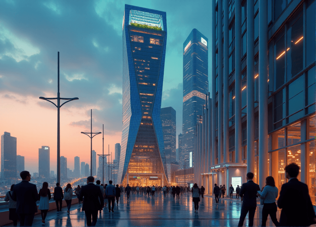 "A futuristic cityscape at dusk featuring a sleek skyscraper with an LED-lit rooftop garden, surrounded by diverse people amidst a bustling street scene, symbolizing innovation and growth in AI automation skills."