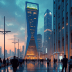 "A futuristic cityscape at dusk featuring a sleek skyscraper with an LED-lit rooftop garden, surrounded by diverse people amidst a bustling street scene, symbolizing innovation and growth in AI automation skills."