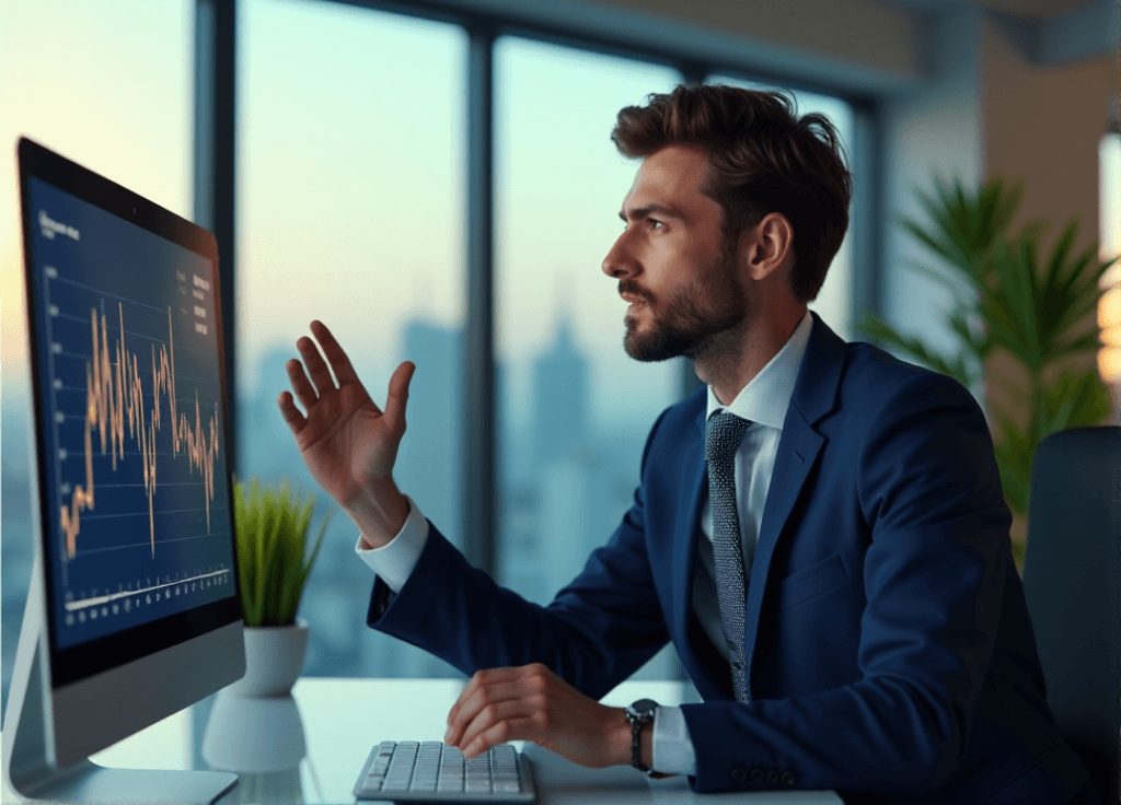 "A business executive sits at a modern desk, gesturing towards a data visualization graph on a high-resolution screen, exuding confidence with AI Automation Skills in focus."