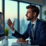 "A business executive sits at a modern desk, gesturing towards a data visualization graph on a high-resolution screen, exuding confidence with AI Automation Skills in focus."