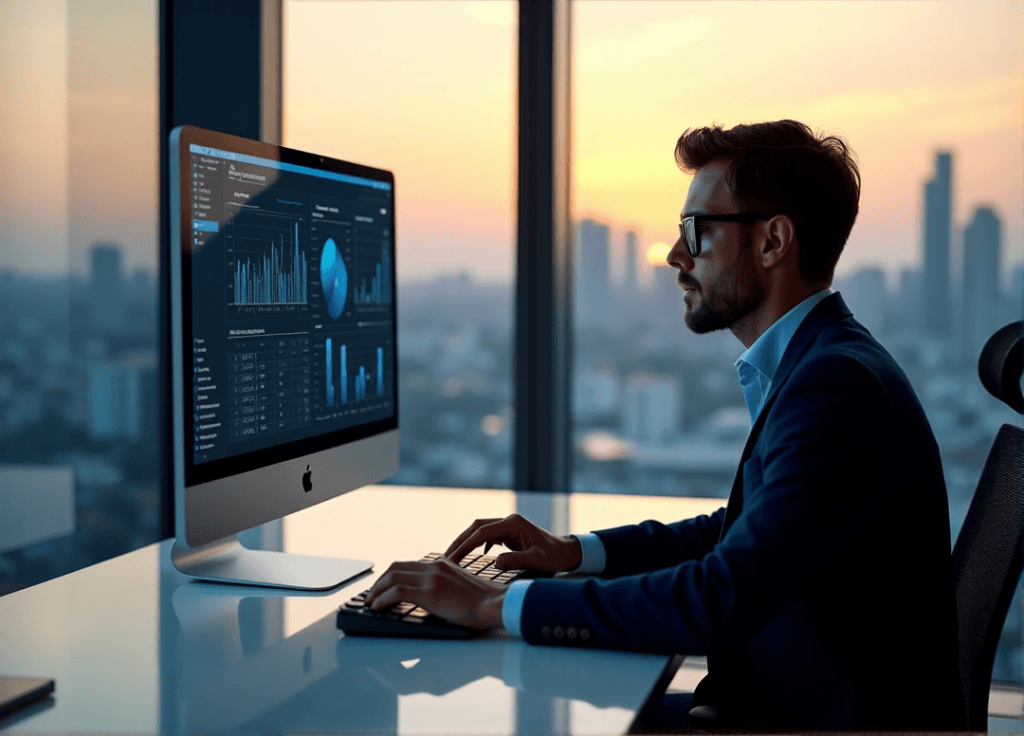 "A business executive sits at a modern desk, intensely focused on an AI-driven predictive analytics dashboard, showcasing their AI automation skills."