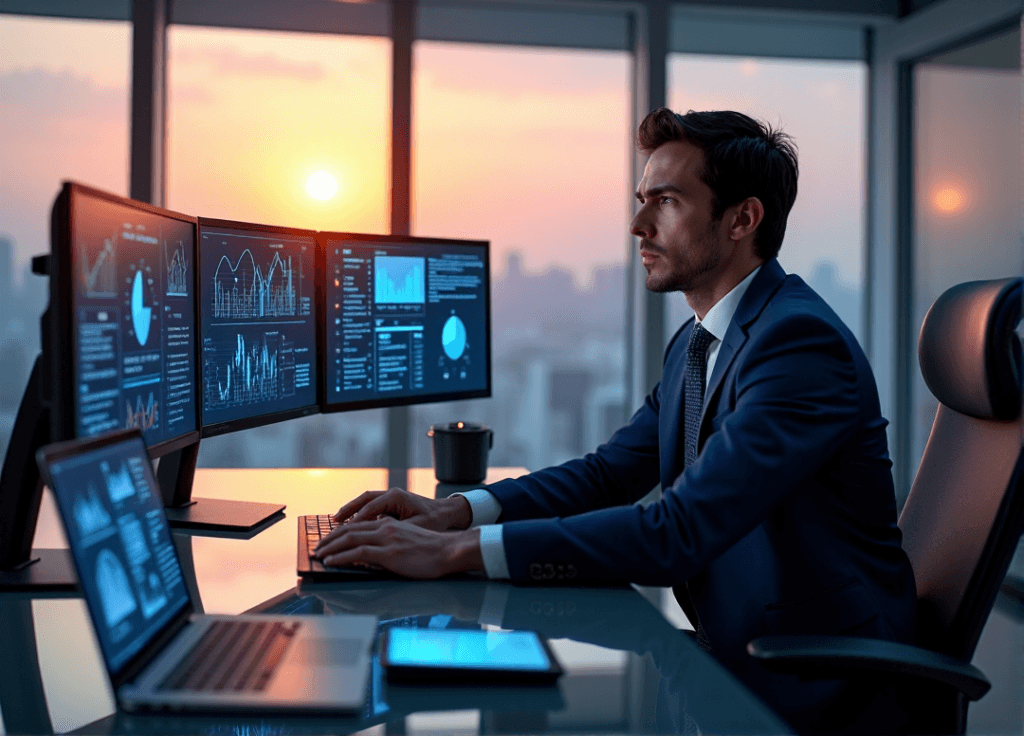 "A business executive studies data on high-resolution monitors in a modern office with floor-to-ceiling windows overlooking a cityscape at sunset, surrounded by AI-generated charts and state-of-the-art computer equipment."