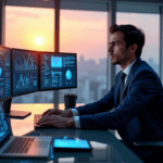 "A business executive studies data on high-resolution monitors in a modern office with floor-to-ceiling windows overlooking a cityscape at sunset, surrounded by AI-generated charts and state-of-the-art computer equipment."