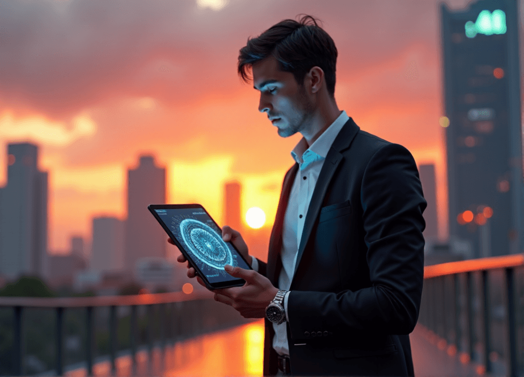 "A young professional stands confidently in front of a futuristic cityscape at sunset, intently studying an AI algorithm on their tablet."