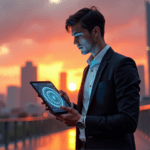 "A young professional stands confidently in front of a futuristic cityscape at sunset, intently studying an AI algorithm on their tablet."
