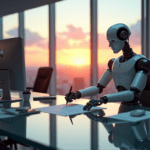 "A modern office workspace featuring a sleek robotic arm signing a contract with precision, surrounded by high-tech gadgets and natural light, showcasing AI automation skills in action."