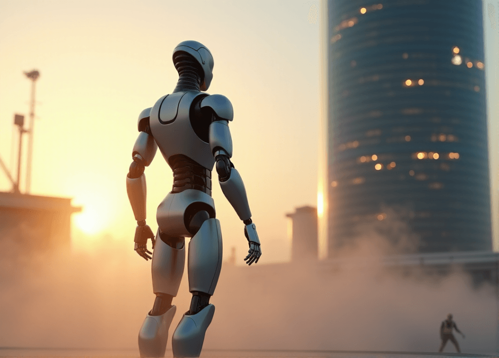 "A sleek silver robotic arm emerges from misty dawn-lit industrial landscape, symbolizing AI automation's transformative power in business with AI Automation Skills."