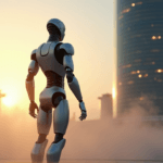 "A sleek silver robotic arm emerges from misty dawn-lit industrial landscape, symbolizing AI automation's transformative power in business with AI Automation Skills."