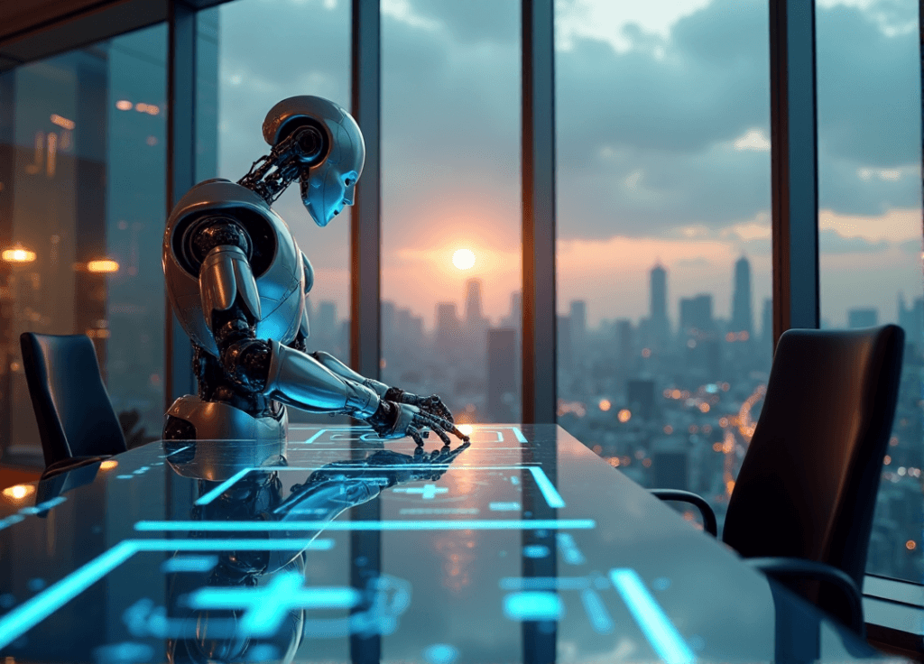 "A futuristic corporate office space featuring a sleek robotic arm integrated into a high-tech control room, showcasing AI automation skills in action."