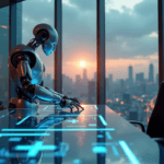 "A futuristic corporate office space featuring a sleek robotic arm integrated into a high-tech control room, showcasing AI automation skills in action."