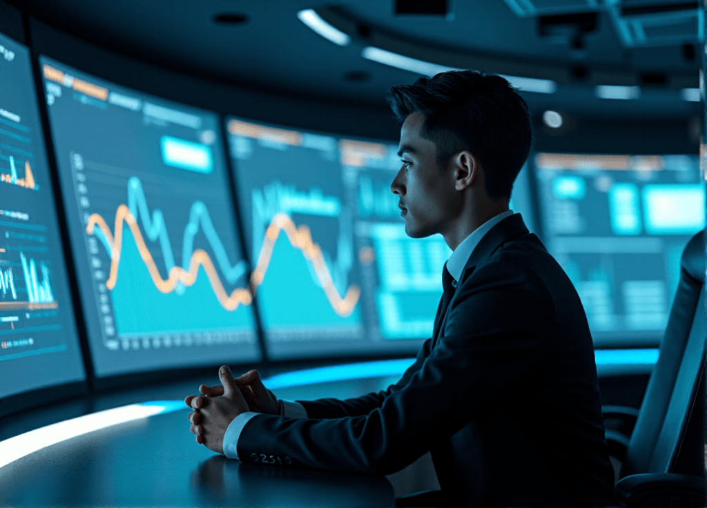 "A young professional sits intently in front of a curved screen displaying data analytics and AI-driven insights, conveying focus and determination."