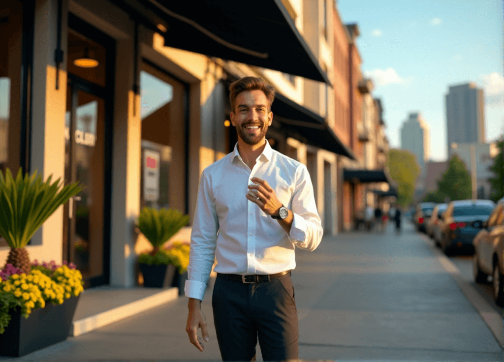 "A small business owner stands confidently outside their renovated storefront, surrounded by lush greenery and vibrant flowers, with a cityscape in the background, showcasing AI automation skills in action."