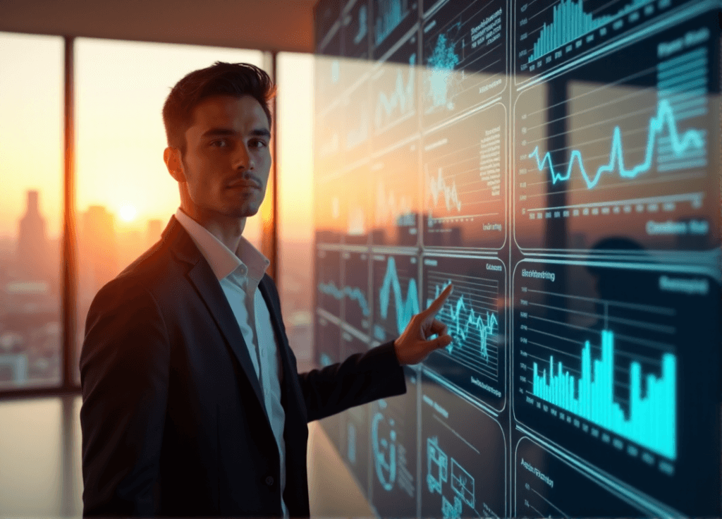 "A young professional stands confidently in front of a high-tech control panel displaying predictive analytics graphs and charts, showcasing AI automation skills."