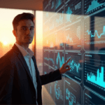 "A young professional stands confidently in front of a high-tech control panel displaying predictive analytics graphs and charts, showcasing AI automation skills."