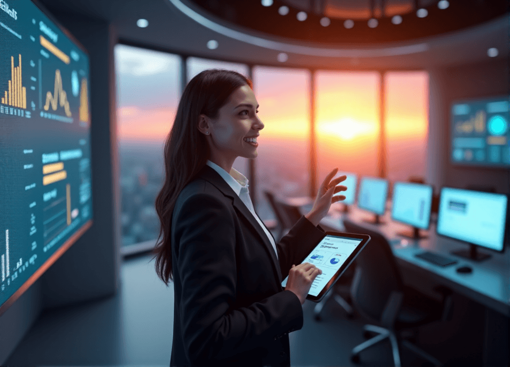 "A confident businesswoman stands in a modern control room, gesturing towards AI-powered automation dashboards with a tablet, set against a cityscape at sunset."