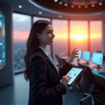 "A confident businesswoman stands in a modern control room, gesturing towards AI-powered automation dashboards with a tablet, set against a cityscape at sunset."