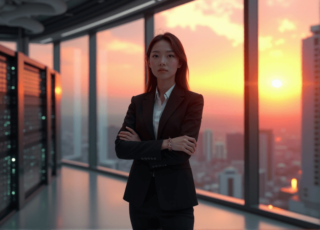 "A young Asian executive stands confidently in a futuristic corporate office with AI-driven automation systems, showcasing her expertise in AI automation skills amidst a cityscape at sunset."