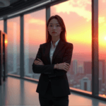 "A young Asian executive stands confidently in a futuristic corporate office with AI-driven automation systems, showcasing her expertise in AI automation skills amidst a cityscape at sunset."