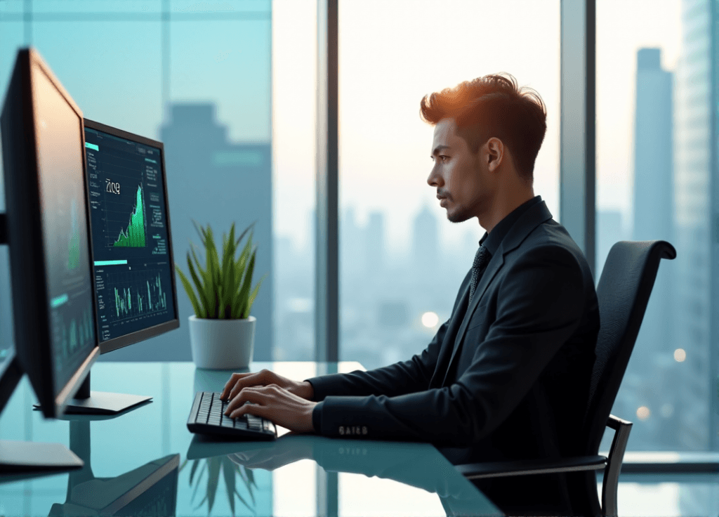 "A young professional sits confidently at a minimalist desk in a futuristic office space, surrounded by state-of-the-art automation machinery and AI-driven workflow optimization tools."