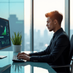 "A young professional sits confidently at a minimalist desk in a futuristic office space, surrounded by state-of-the-art automation machinery and AI-driven workflow optimization tools."