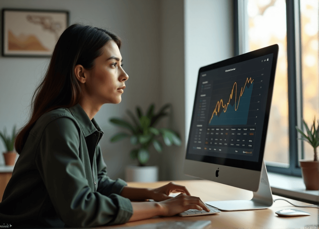 "A young woman sits in a minimalist office, intensely studying AI-powered sentiment analysis data on her computer screen with furrowed eyebrows."