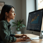 "A young woman sits in a minimalist office, intensely studying AI-powered sentiment analysis data on her computer screen with furrowed eyebrows."