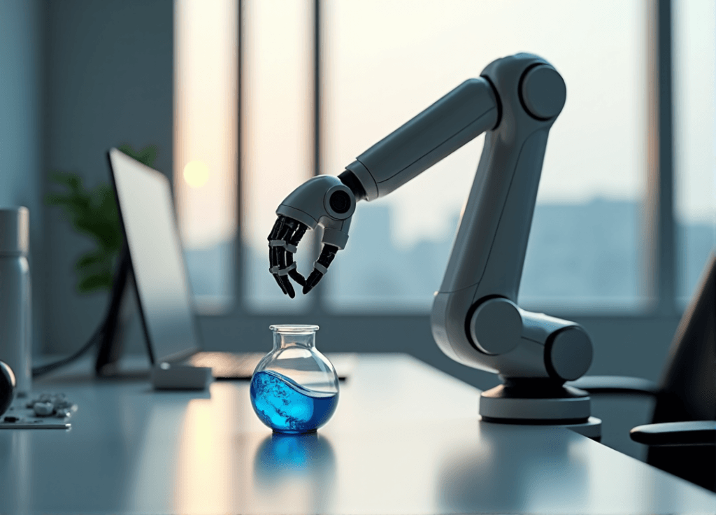 "A sleek silver robotic arm on a minimalist desk, delicately grasping a glass vial with blue liquid, showcasing AI automation skills in a modern office setting."