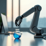 "A sleek silver robotic arm on a minimalist desk, delicately grasping a glass vial with blue liquid, showcasing AI automation skills in a modern office setting."