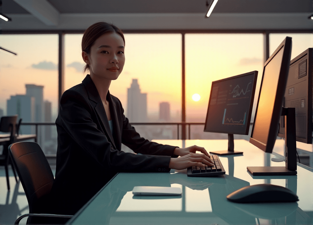 "A young professional sits confidently at a minimalist desk in a futuristic office space with state-of-the-art automation equipment, showcasing AI automation skills amidst a breathtaking cityscape view."