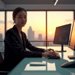 "A young professional sits confidently at a minimalist desk in a futuristic office space with state-of-the-art automation equipment, showcasing AI automation skills amidst a breathtaking cityscape view."
