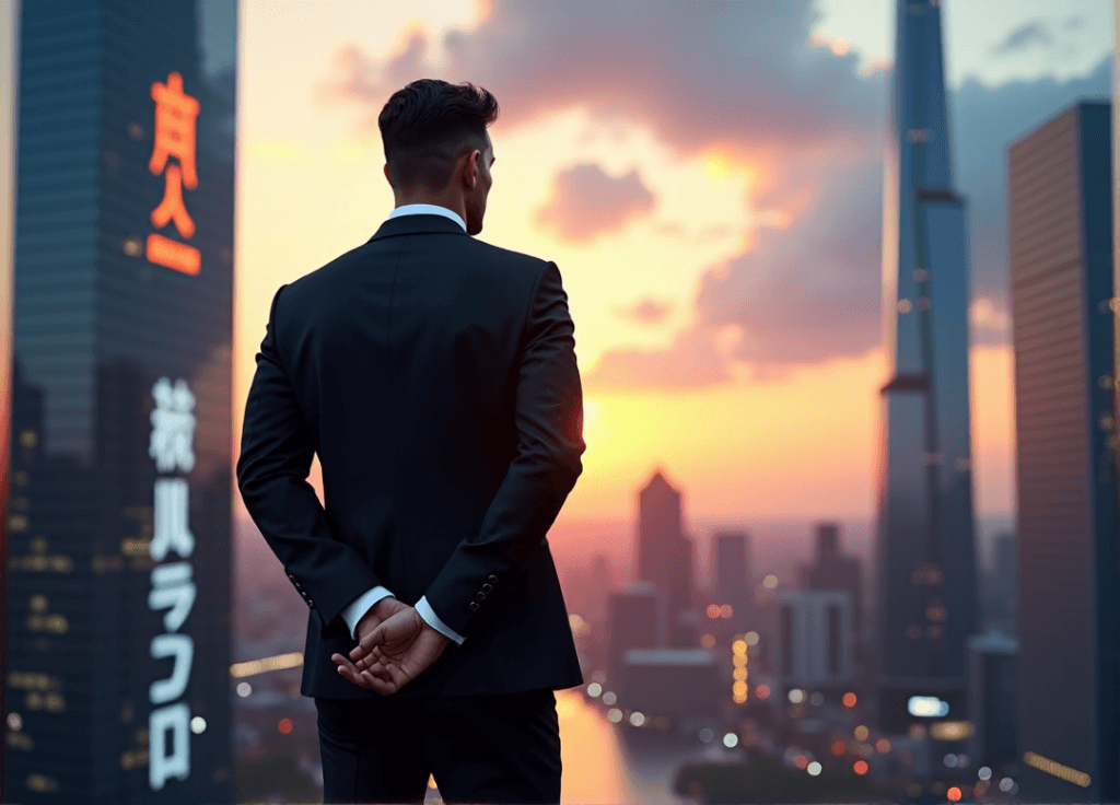 "A confident business executive stands in front of a high-rise corporate building at dusk, exuding authority with AI automation skills guiding their vision."
