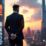 "A confident business executive stands in front of a high-rise corporate building at dusk, exuding authority with AI automation skills guiding their vision."