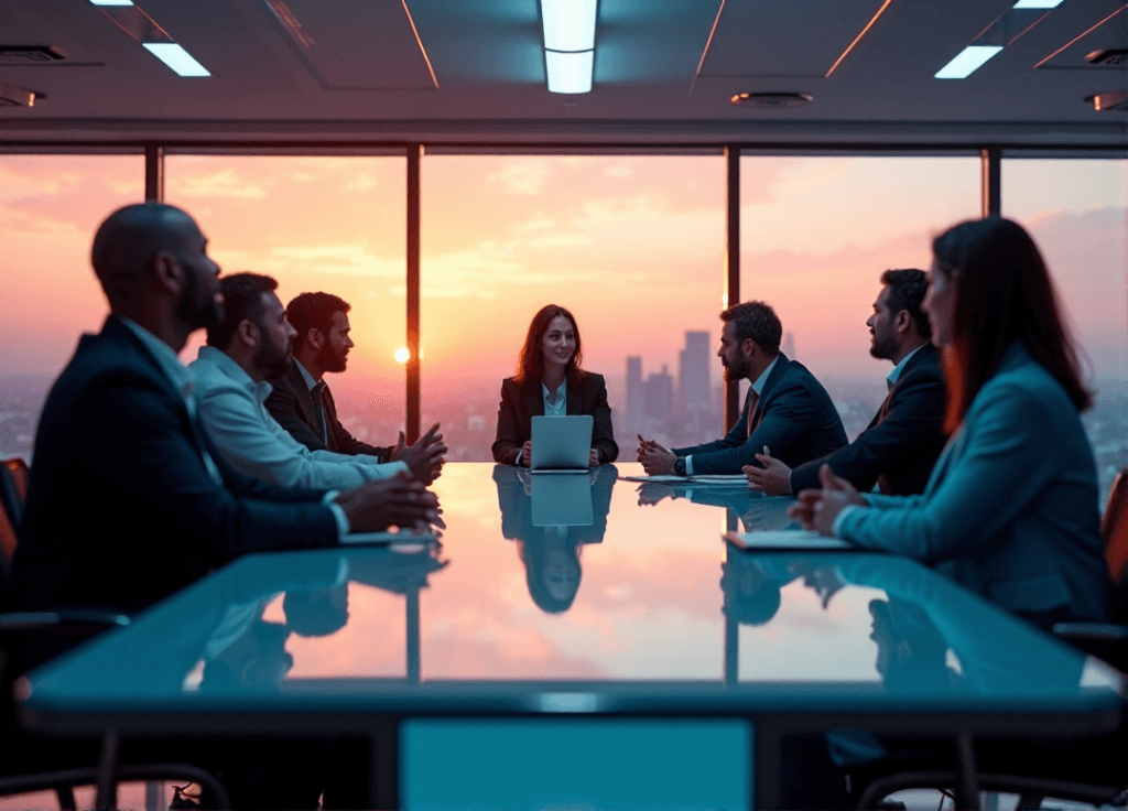 "A diverse group of professionals discuss AI-driven transformation around a sleek glass table, illuminated by LED lights, amidst a cityscape at sunset."