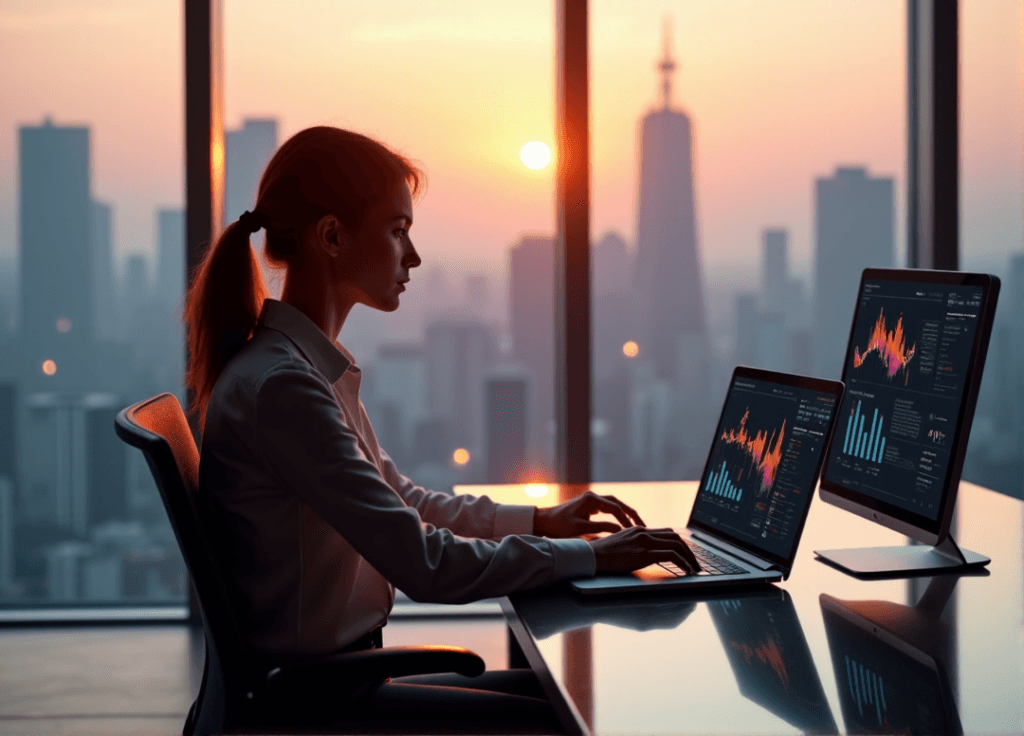 "A young businesswoman intensely focuses on her laptop displaying a data visualization graph and AI-driven analytics dashboard in a modern office with a cityscape view at sunset."