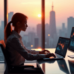 "A young businesswoman intensely focuses on her laptop displaying a data visualization graph and AI-driven analytics dashboard in a modern office with a cityscape view at sunset."