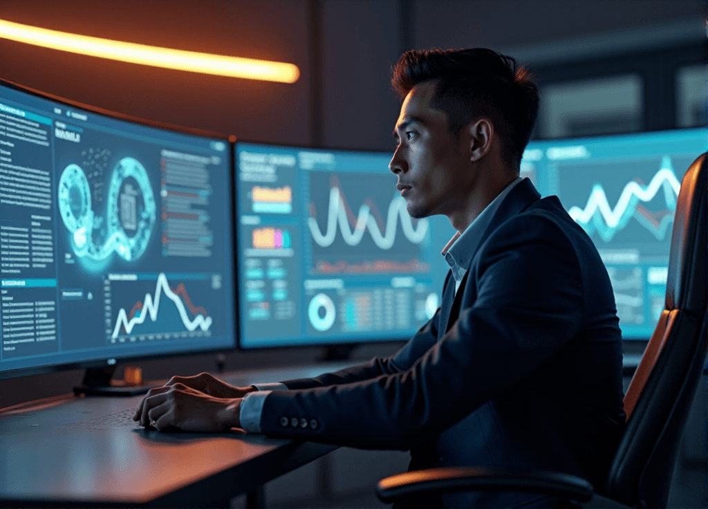 "A young professional sits confidently in a futuristic control room, gazing at AI-driven data analytics on a large curved screen, showcasing their AI automation skills."