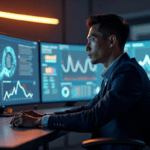 "A young professional sits confidently in a futuristic control room, gazing at AI-driven data analytics on a large curved screen, showcasing their AI automation skills."