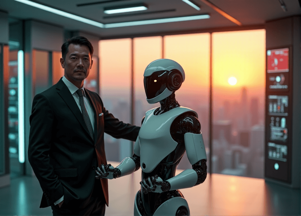 "A futuristic executive stands confidently in a high-tech control room with cityscape views at sunset, accompanied by an AI-powered robotic assistant."