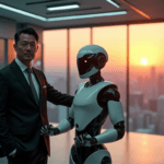 "A futuristic executive stands confidently in a high-tech control room with cityscape views at sunset, accompanied by an AI-powered robotic assistant."