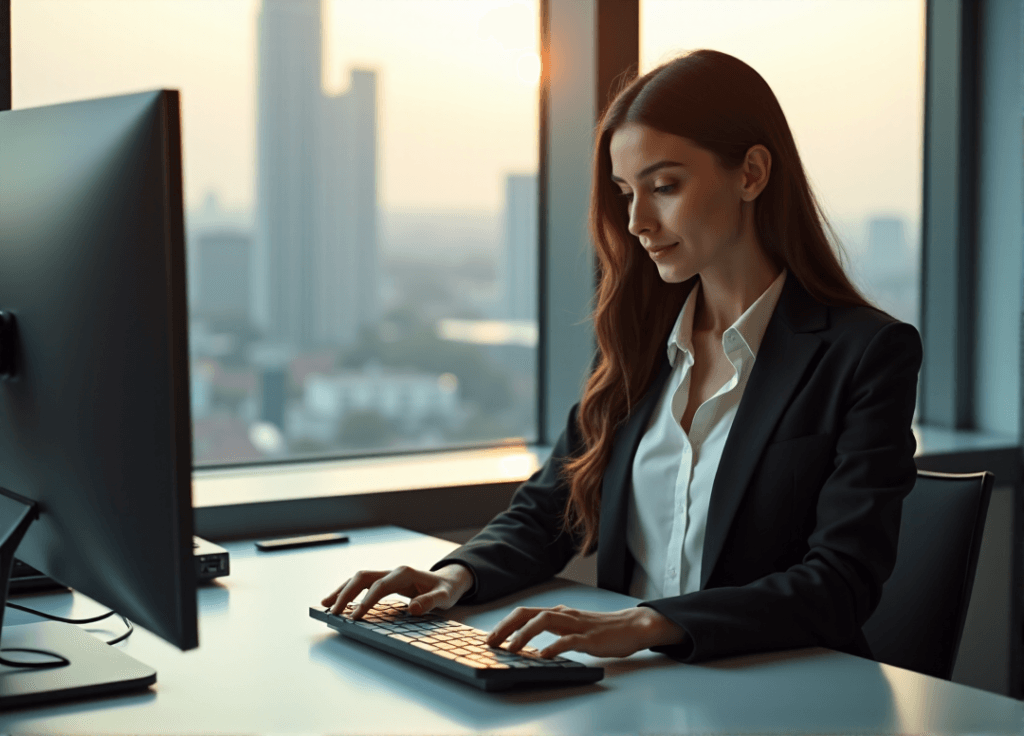 "A young businesswoman sits at a modern desk, intensely analyzing data on a large screen displaying a data visualization dashboard, showcasing AI automation skills in customer experience and sentiment analysis."