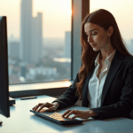 "A young businesswoman sits at a modern desk, intensely analyzing data on a large screen displaying a data visualization dashboard, showcasing AI automation skills in customer experience and sentiment analysis."