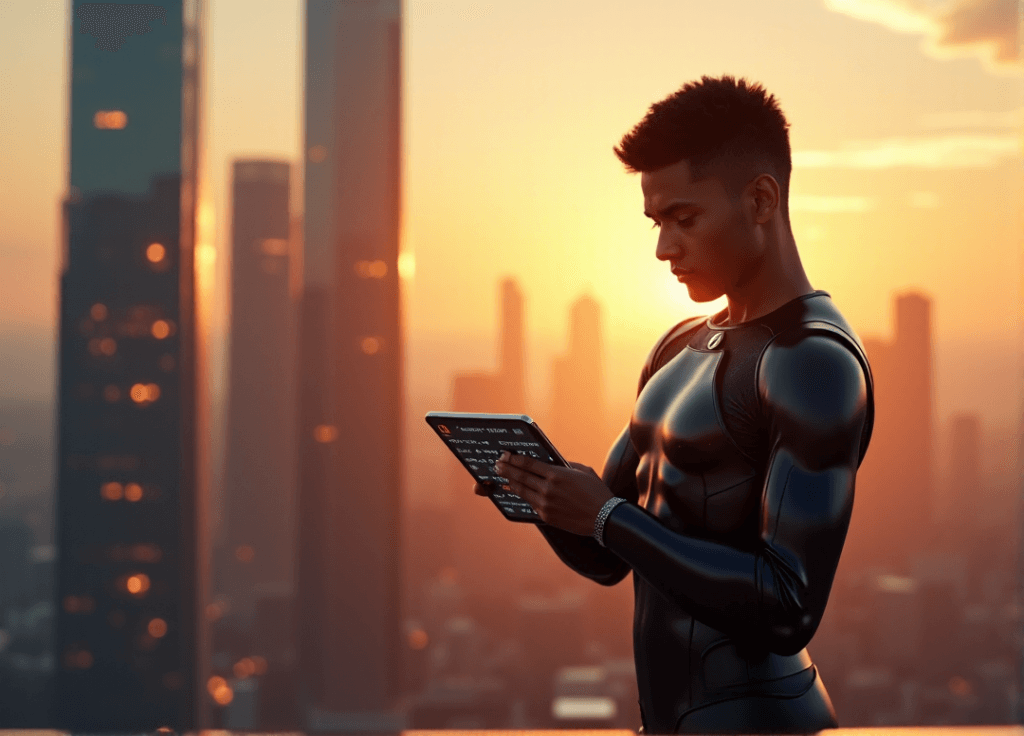 "A young adult stands confidently in front of a futuristic cityscape at sunset, gazing intently at an AI algorithm on their tablet."